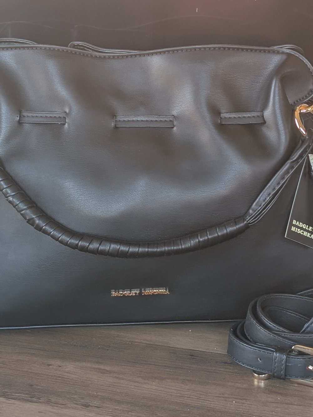 Badgley Mischka Black Leather Top-Handle Shoulder Bag with Gold Logo